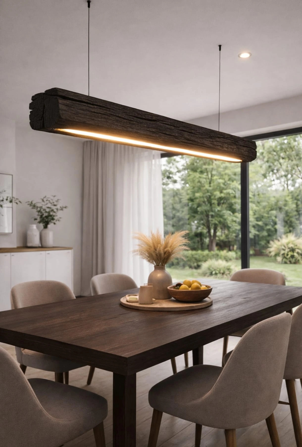Lámpara artesanal de madera en espacio de decoración interior exclusivo